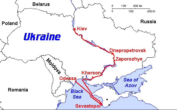 Map of Ukraine with Ship Route
